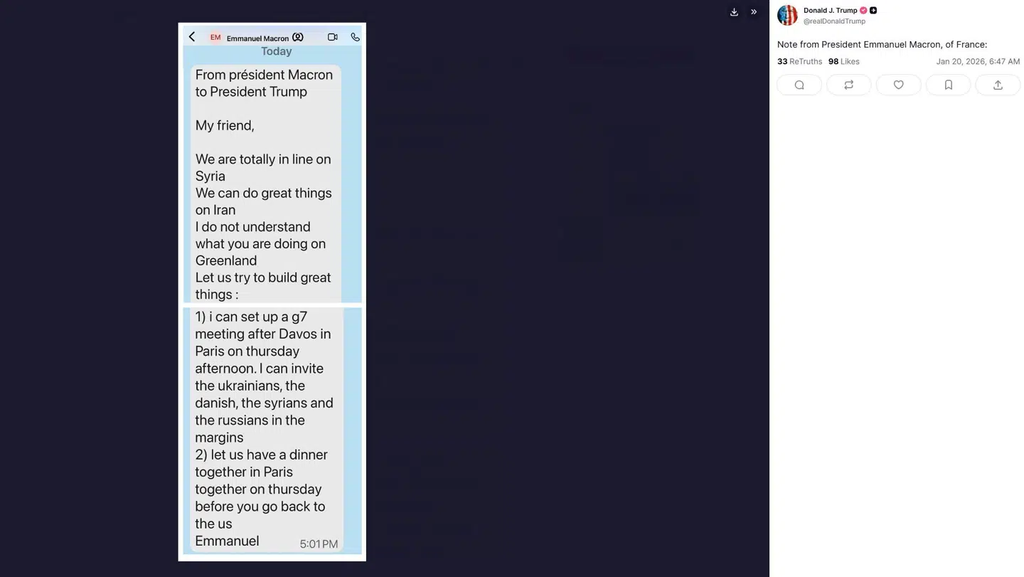 Her ses den besked, som Donald Trump tidligt tirsdag morgen har delt. Beskeden skal være fra den franske præsident, Emmanuel Macron.