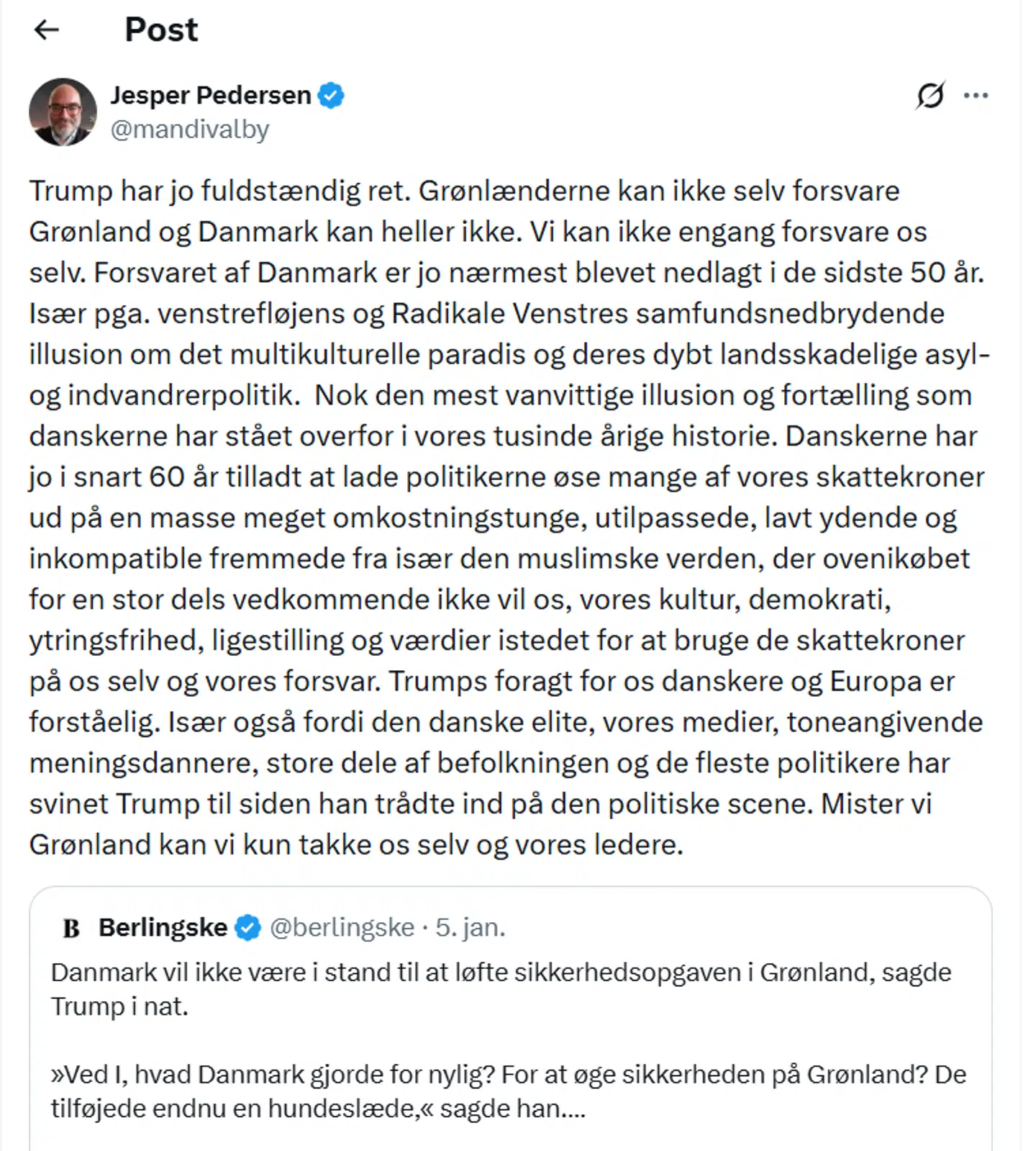 Her ses det opslag, der fik Rasmus Jarlov og Martin Thorborg til at kalde Jesper Pedersen for »landsforræder« og »landsskadelig«.