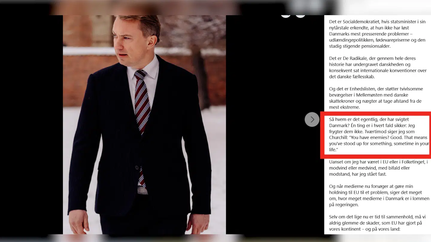 Selv i den redigerede udgave af opslaget tilskriver Morten Messerschmidt den britiske statsmand Winston Churchill et citat, han aldrig har sagt.