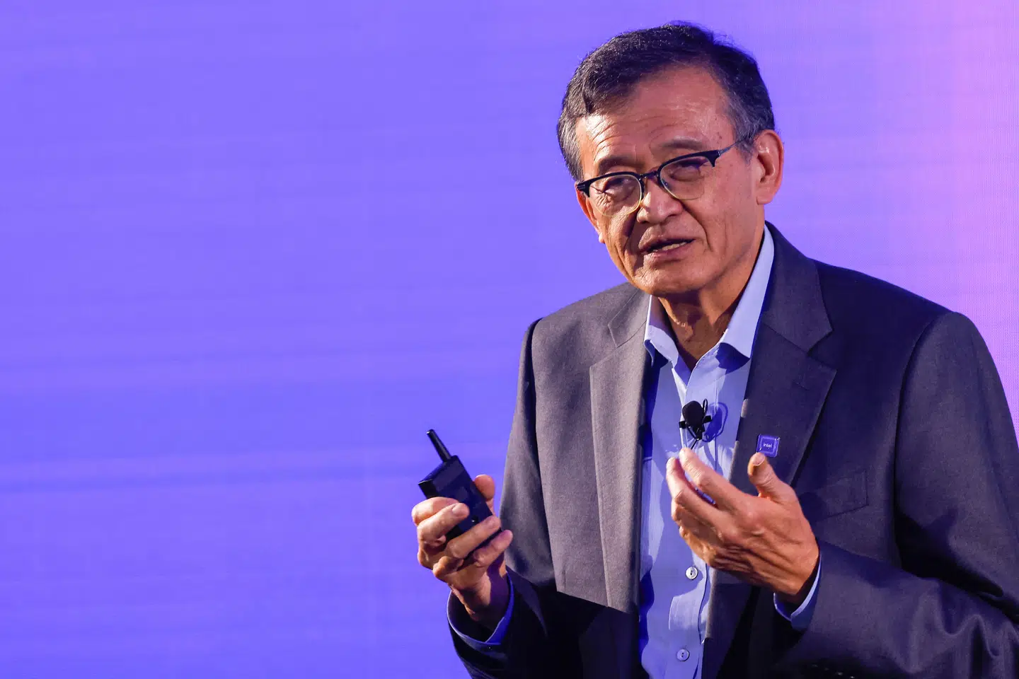 Intel CEO Lip-Bu Tan makes a speech on stage in Taipei, Taiwan May 19, 2025. REUTERS/Ann Wang