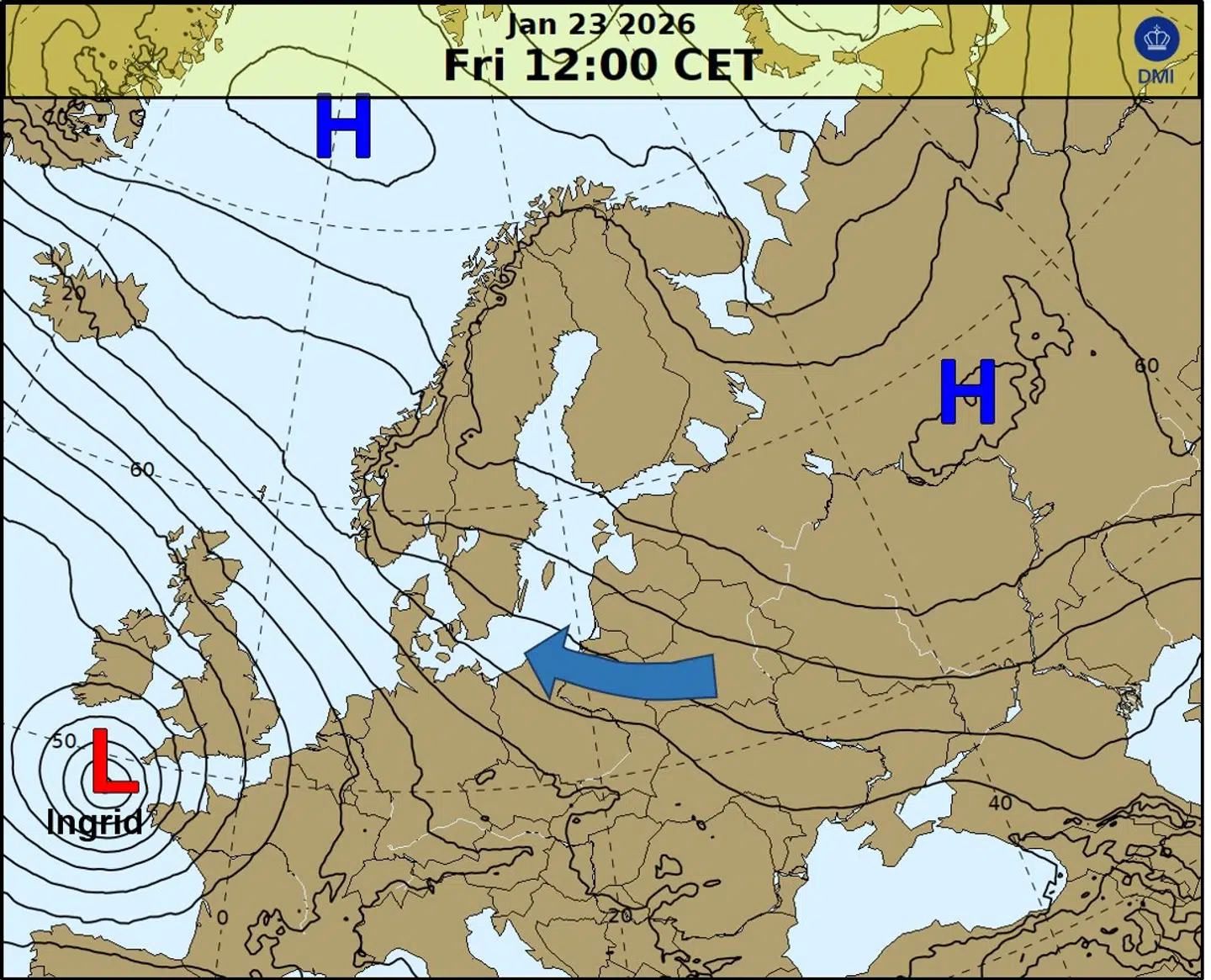 Østenvind, masser af østenvind i retning mod Danmark.