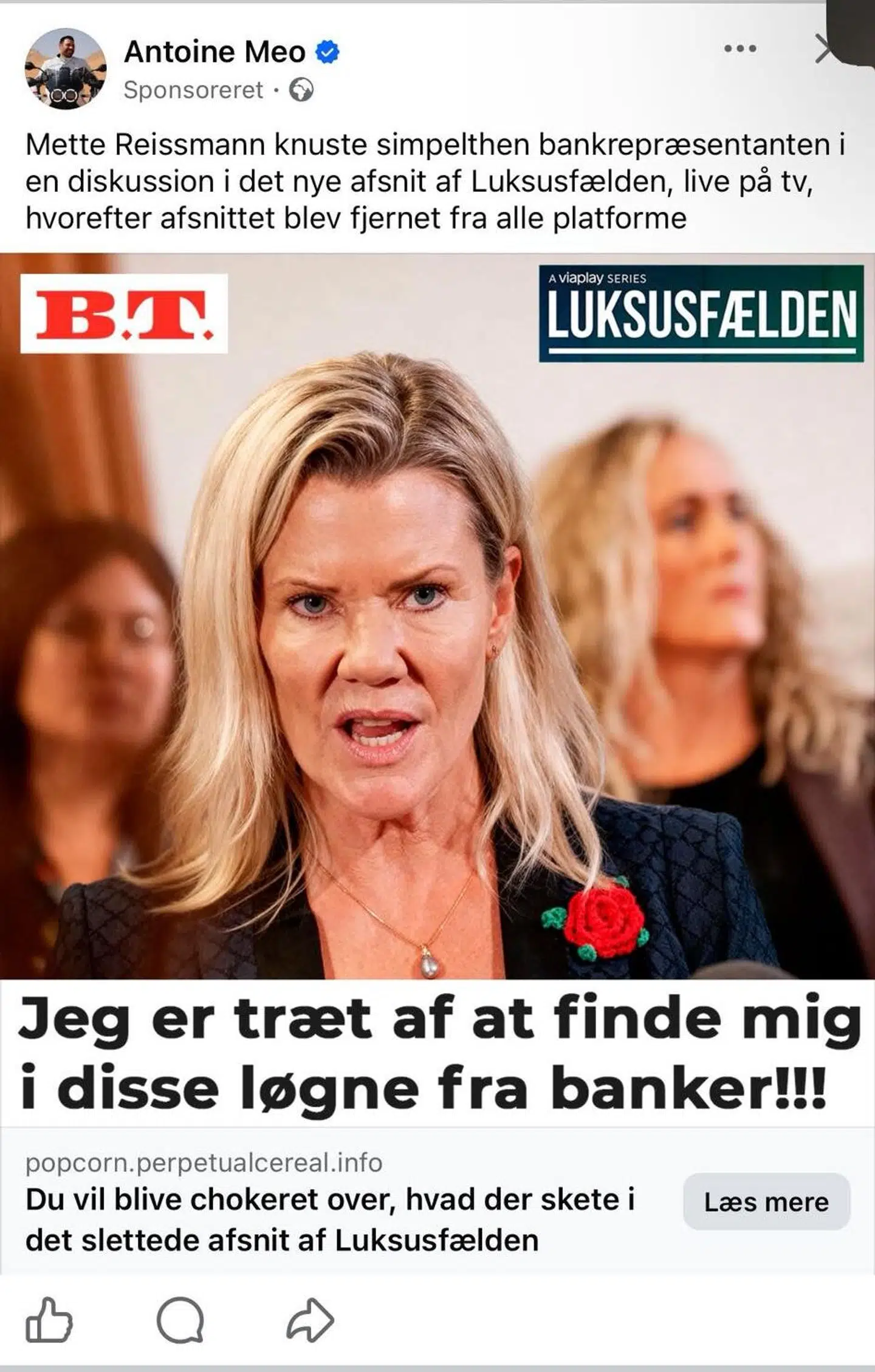 Mette Reismanns gode ry og rygte – for ikke at tale om B.T.s – er blevet udnyttet til falske annoncer som denne, der forsøger at svindle folk for penge. Foto: Mette Reismann / Facebook