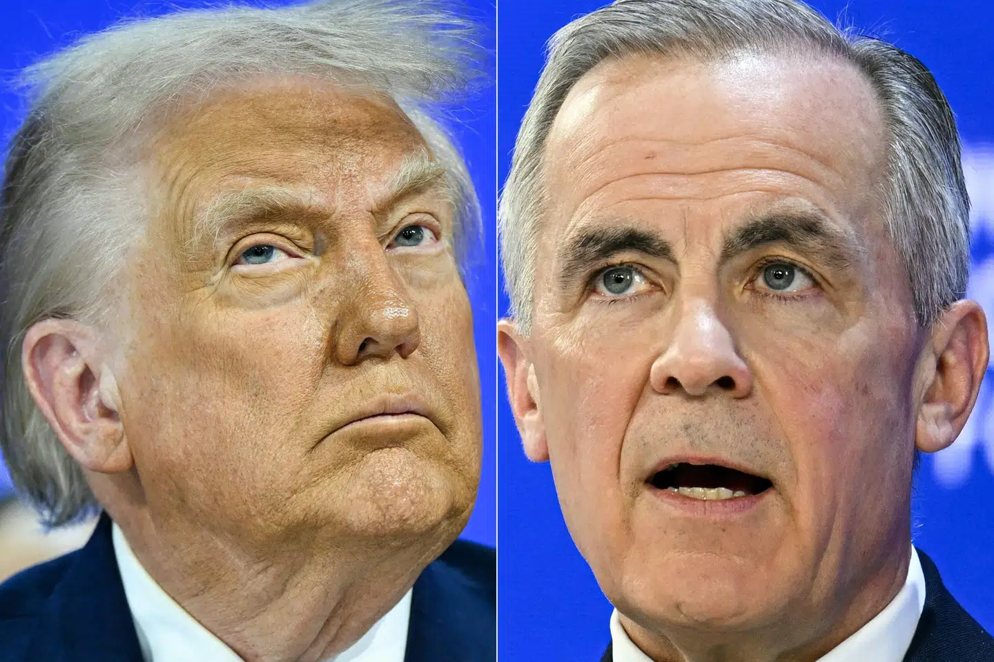 Donald Trump, USA's præsident, og Mark Carney, Canadas premierminister, ses her fotograferet på forskellige dage under World Economic Forum tidligere på ugen i Schweiz. (Arkivfoto).