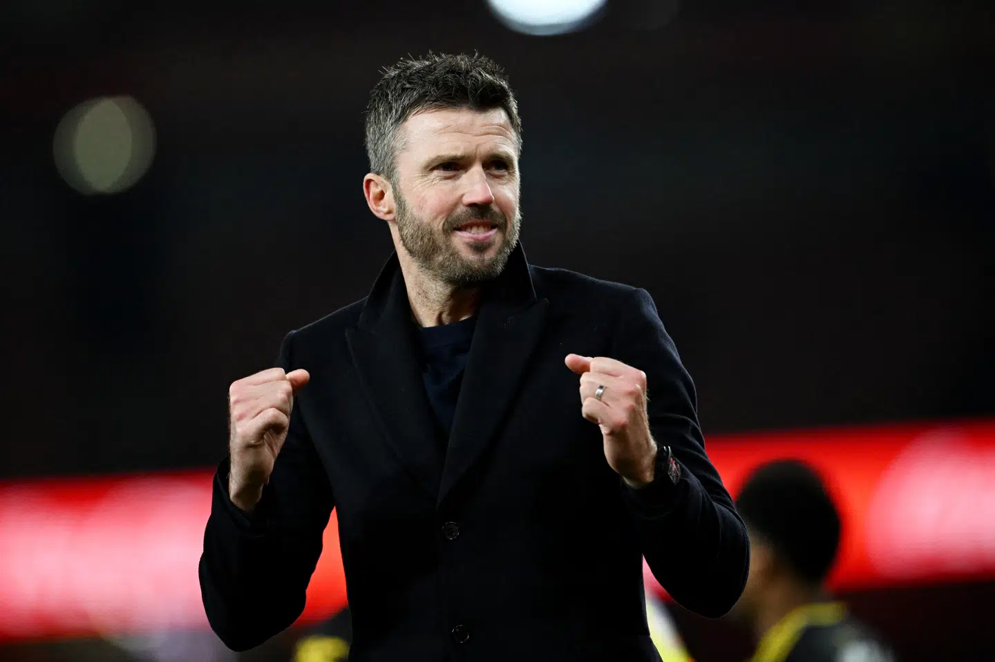 Manchester Uniteds cheftræner, Michael Carrick, jubler over sejren mod Arsenal.