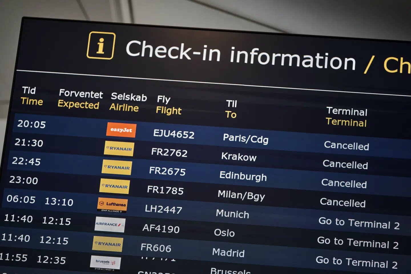 Flere fly er aflyst mandag på grund af vejret. Det oplyser Københavns Lufthavn til Ritzau. Billedet er fra 23. september, hvor flere fly blev aflyst, da der var observeret droner i Københavns Lufthavn dagen forinden. (Arkivfoto).