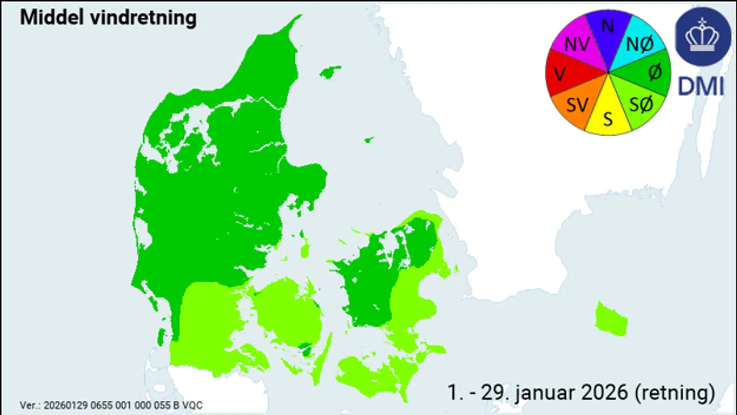 De grønne farver viser, at Danmark historisk har haft tydelige østenvinds-tendenser.