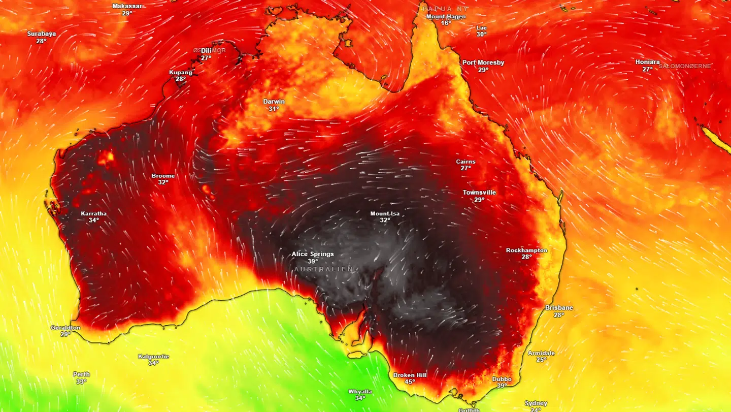 Det er smeltende varmt i stort set hele Australien netop nu. Kontrasten til kulden i Nordeuropa er enorm.