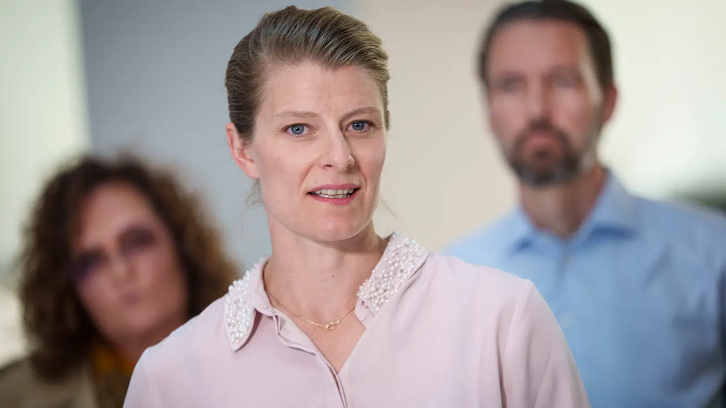 Skatteminister Ane Halsboe-Jørgensen under et doorstep.