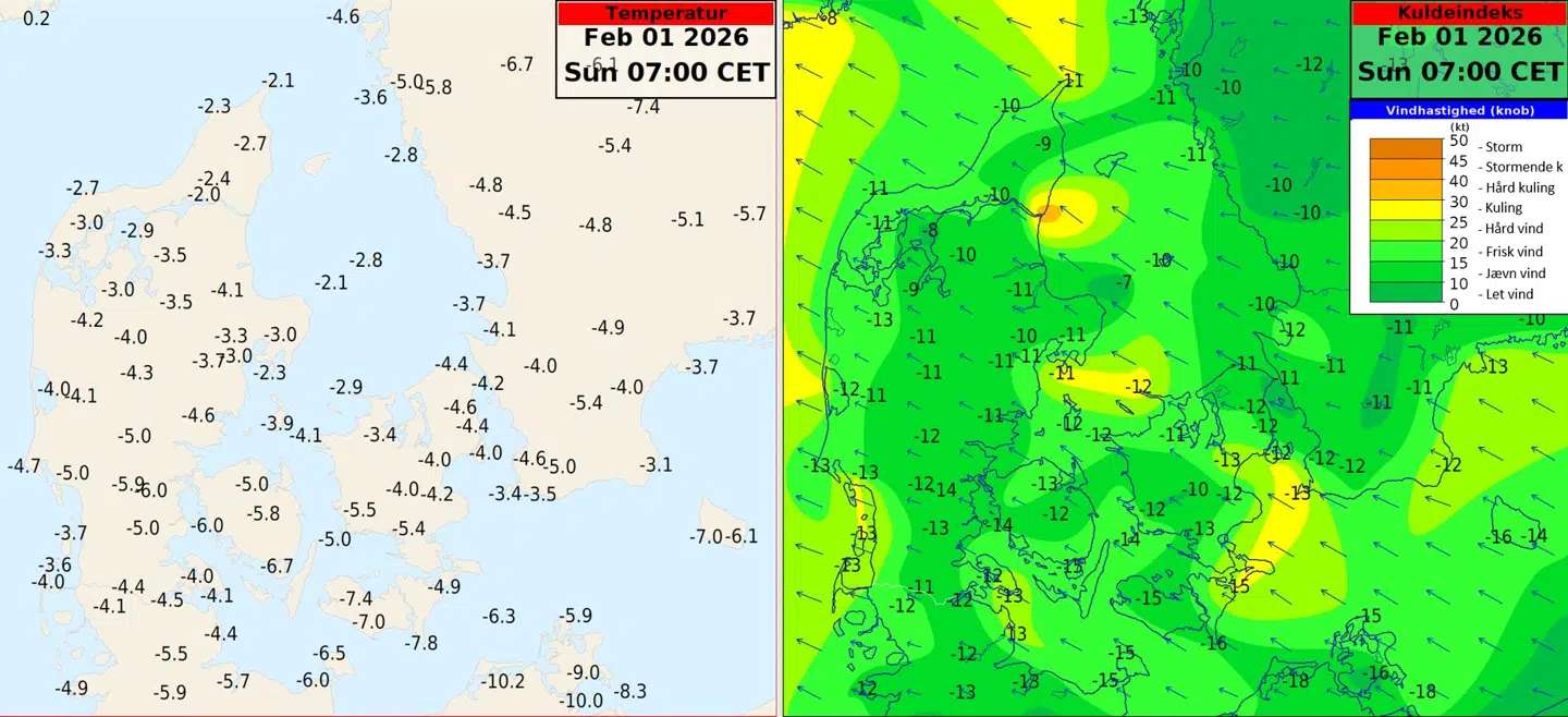 Det er koldt derude, men den kraftige vind får det til at føles endnu koldere, som det fremgår af DMIs kuldeindeks (til højre).