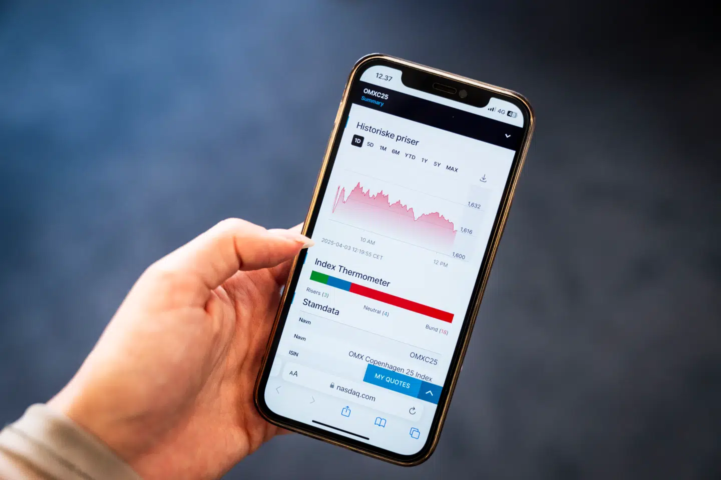 Oversigt over C25 hos Nasdaq, torsdag den 3. april 2025.. (Foto: Ida Marie Odgaard/Ritzau Scanpix)