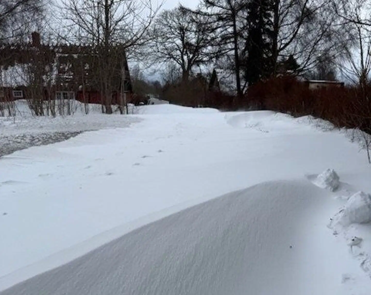 En kæmpe snedynge fylder hele Winnies indkørsel. Billedet er taget ved eftermiddags tid onsdag den 4. februar.
