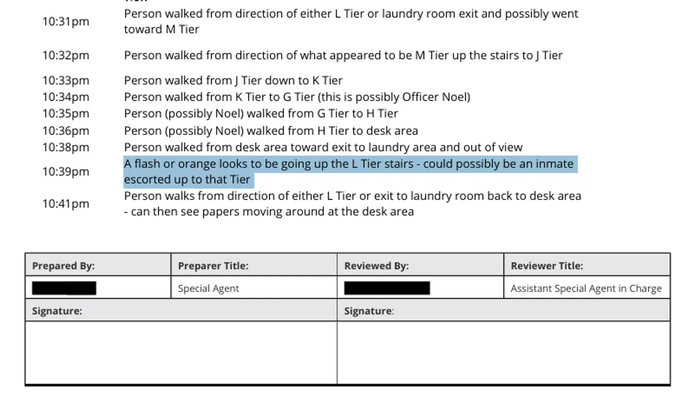 FBI-efterforskerede observerede en orange skikkelse bevæge sig op mod Jeffrey Epsteins celle.