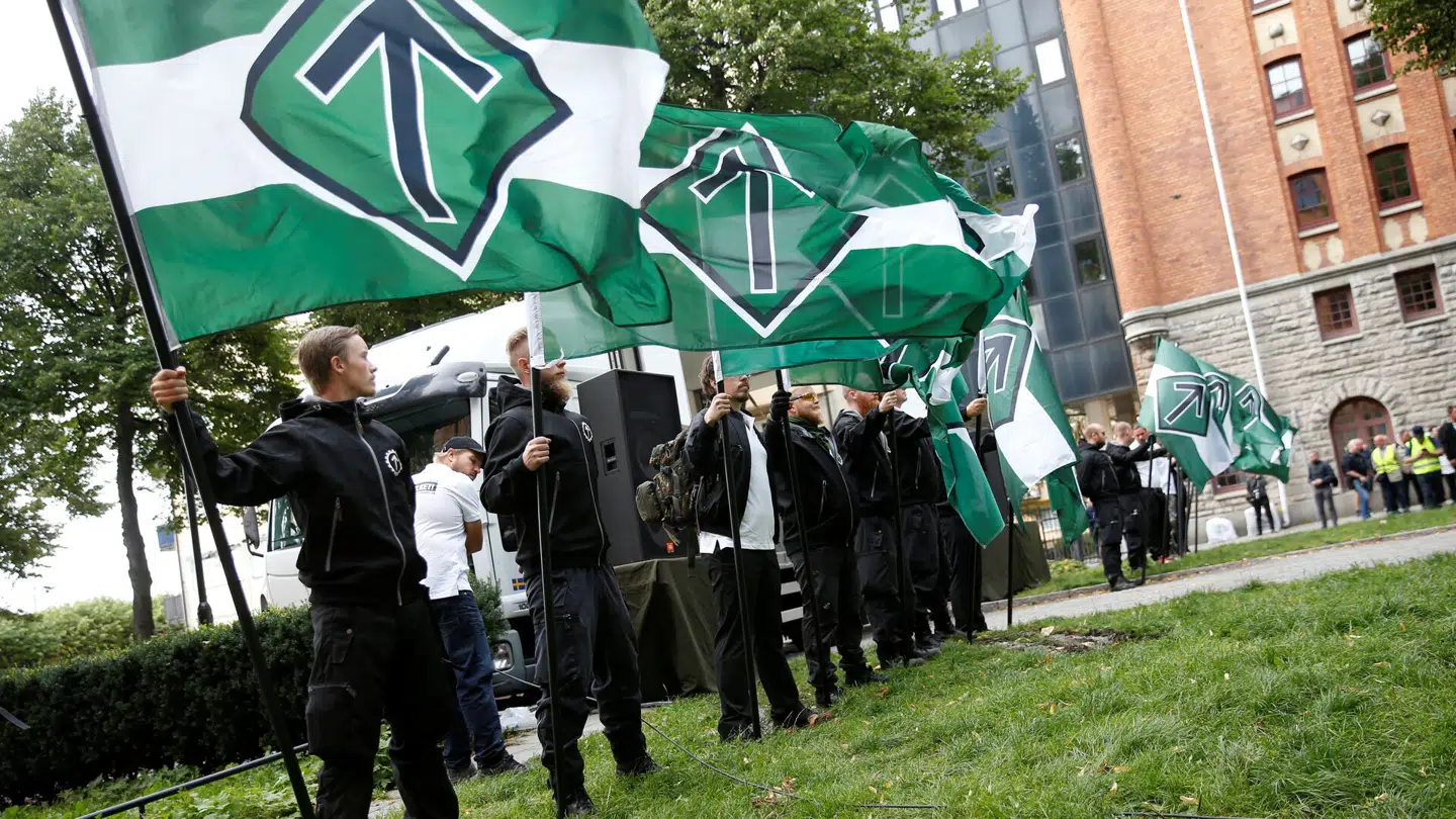 Her ses medlemmer af den nynazistiske terrorstemplede organisation Den Nordiske Modstandsbevægelse under en demonstration i Stockholm i Sverige i 2018.