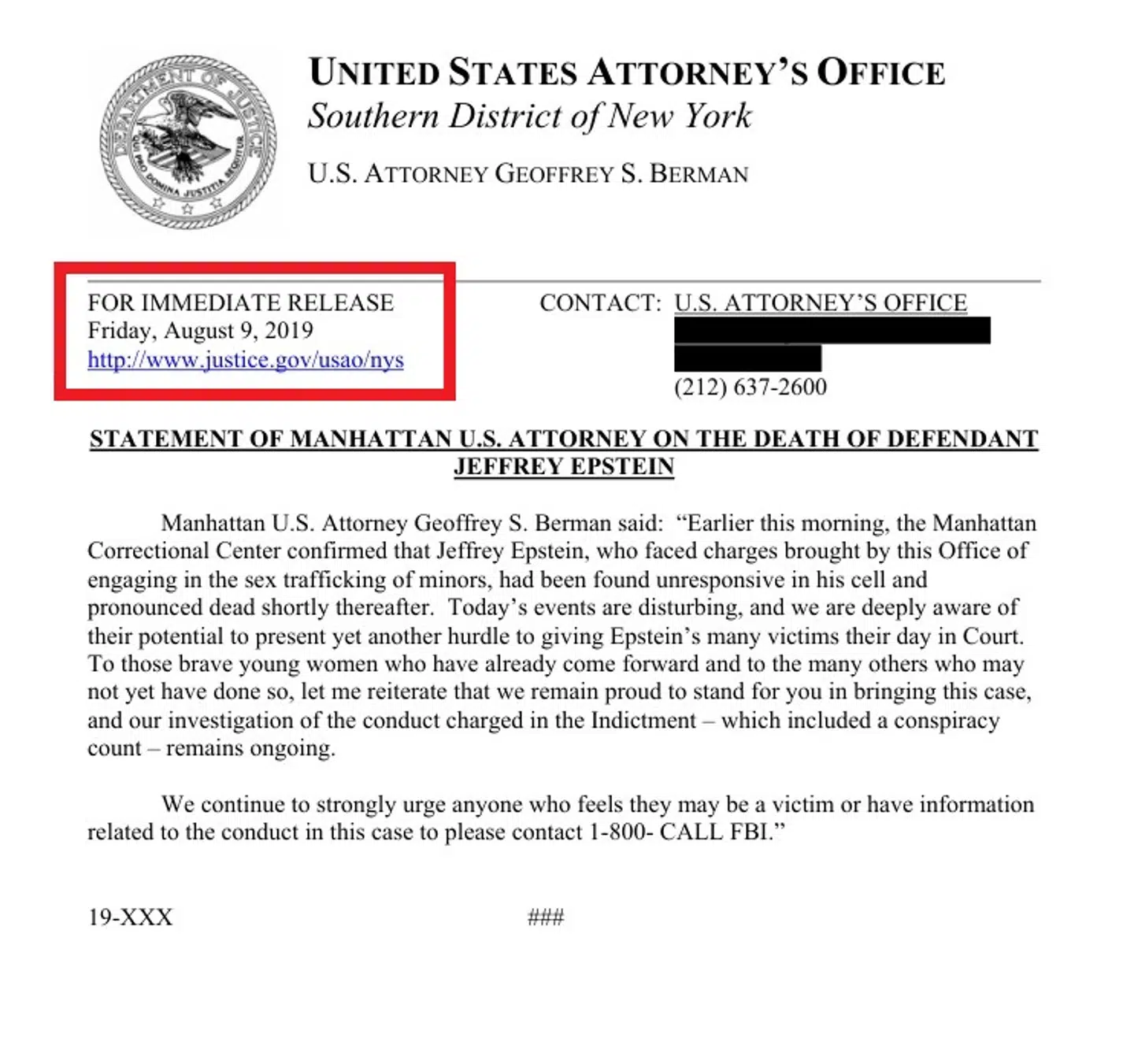 Her er pressemeddelelsen om Jeffrey Epsteins død med et tidsstempel dagen inden, han begik selvmord i fængslet.
