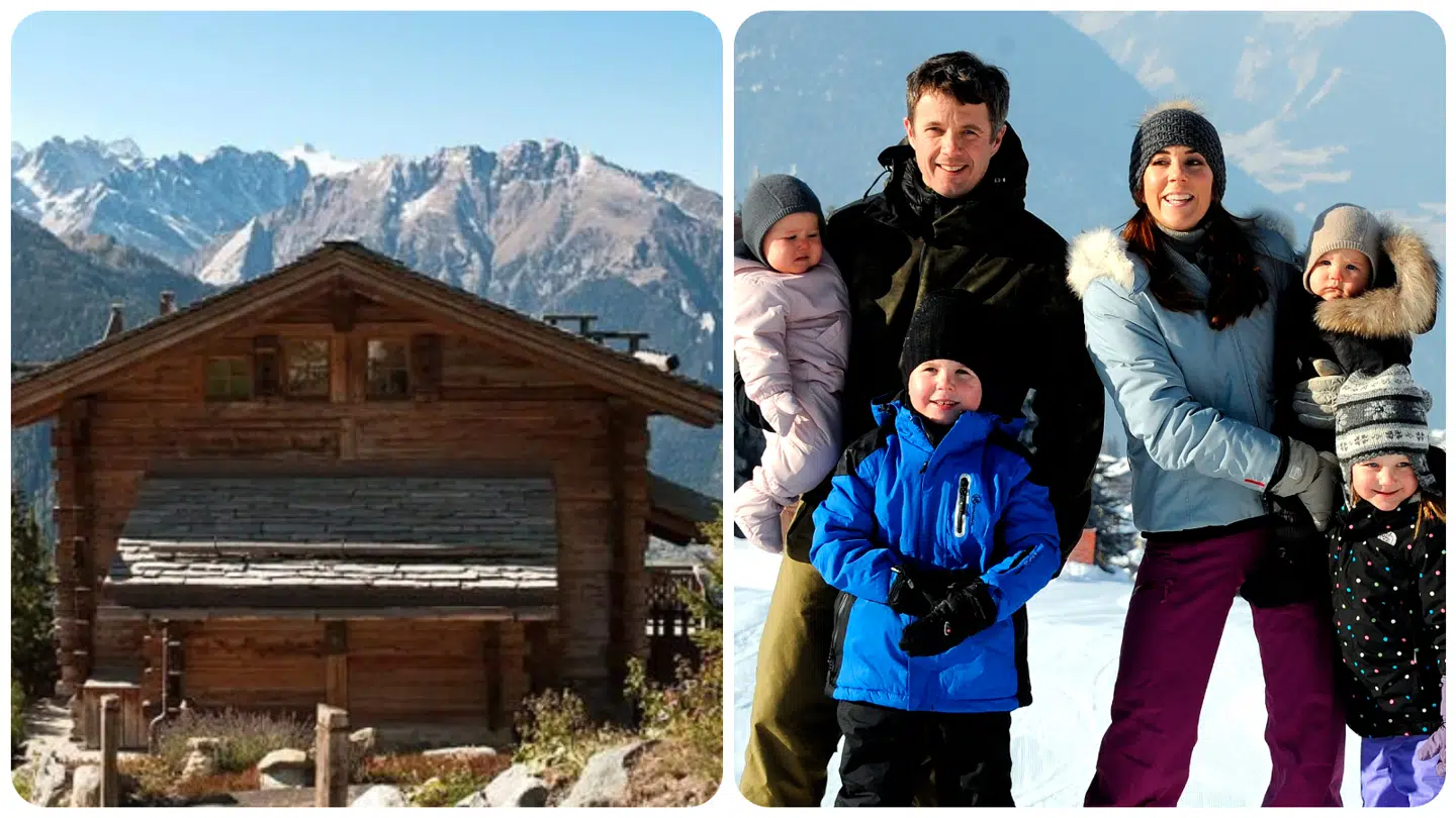 Kongefamilien har i mange år ejet og hyppigt besøgt deres private skihytte i Verbier i Schweiz. Fotos: Arkiv og Sebastien Feval/AFP/Ritzau Scanpix