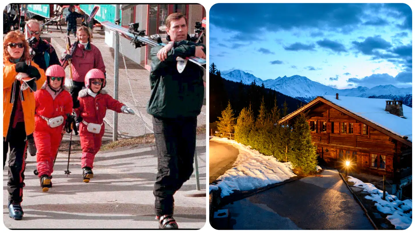 Den tidligere prins Andrew med sin daværende hustru, hertuginden af York, og deres døtre, prinsesse Beatrice og prinsesse Eugenie, er blandt de mange kendte og kongelige, der har haft fornemme skihytter i området. Prinsefamiliens skihytte (til højre) kostede 130 millioner kroner. Fotos: Ritzau Scanpix