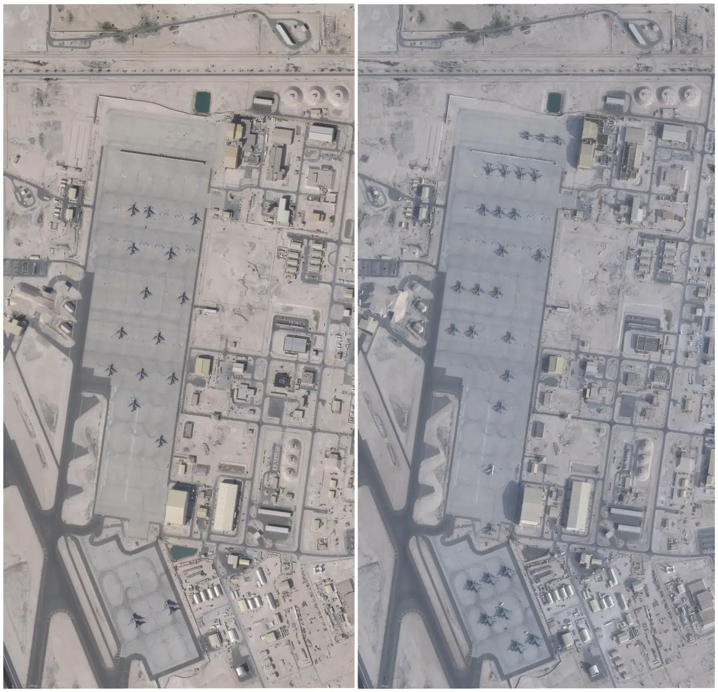 Satellitbilleder af en amerikansk base i Qatar. Billedet til venstre viser mængden af fly 17. januar. Billedet til højre er fra 1. februar. Her kan man se markant flere fly.