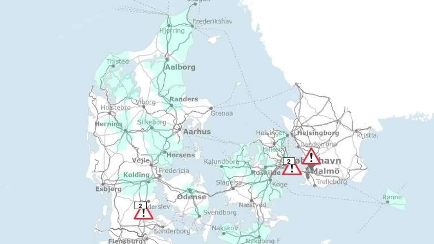 Her ses et billede af Vejdirektoratets trafikkort onsdag morgen.