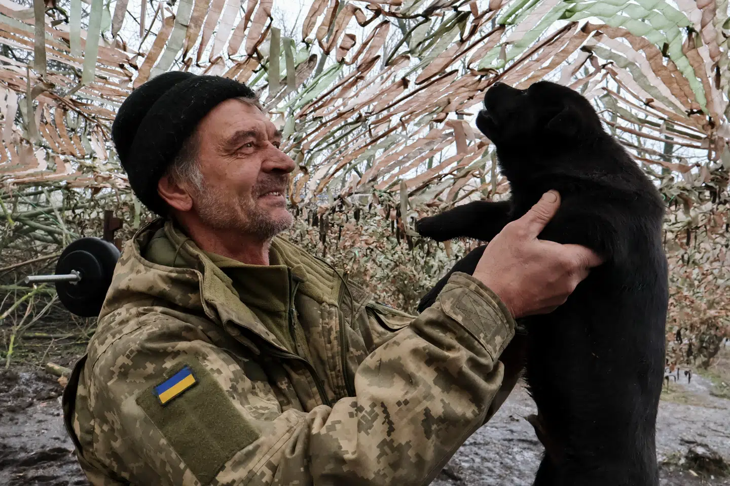 Trods de rædsler, Vladimir Putins Rusland udsætter ukrainerne for, skal der mere til at slå dem ud, skriver Samuel Rachlin. Her leger en ukrainsk soldat med en hund nær fronten i Zaporizjzja-regionen, 7. februar 2026.