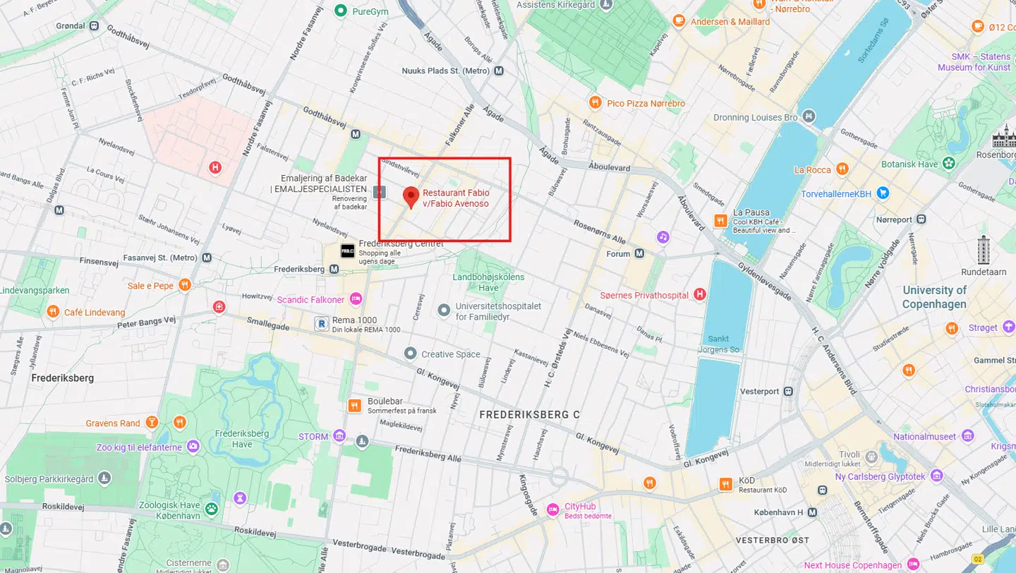 Restauranten ligger på Falkoner Alle 54 på Frederiksberg.