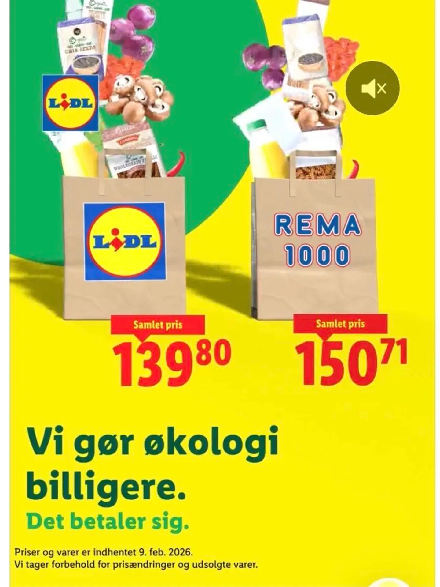 I annoncen kan man se, at varernes pris er tjekket 9. februar, men derudover forlyder det ikke, hvilke produkter, der reelt indgår.