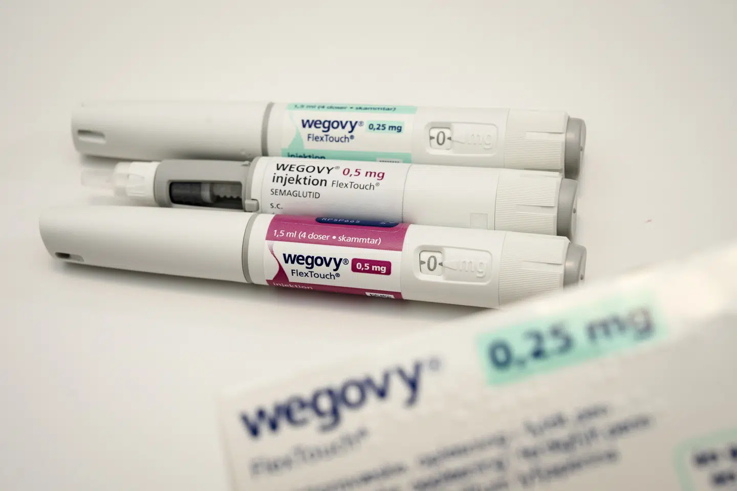 Wegovy i injektionsform findes i penne med forskellige doser. Novo Nordisk håber at få godkendt en pen med 7,2 milligram. (Arkivfoto).