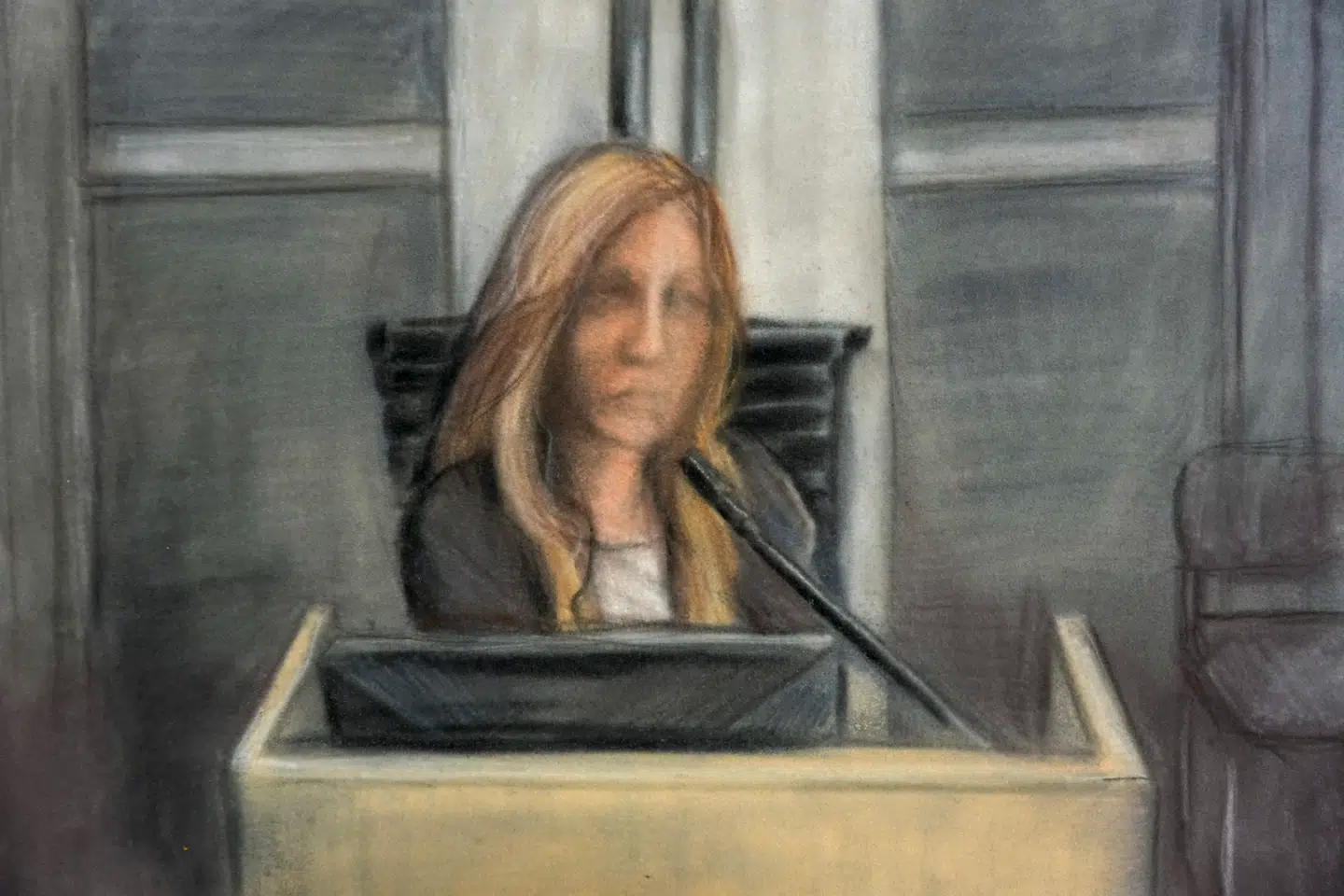 Tegning af 'kvinden fra hotellet' lavet i retten onsdag.