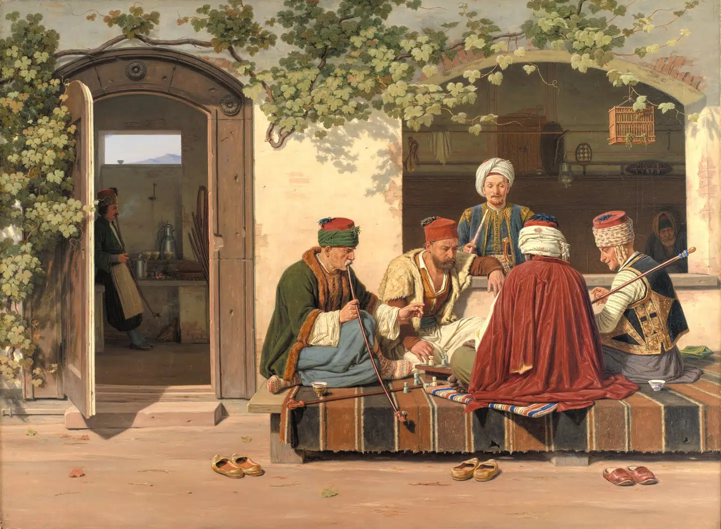 Et af Rørbyes malerier baseret på hans skitser fra opholdet i Konstantinopel. Orientalere ved et parti skak uden for et tyrkisk kaffehus og barberstue hedder billedet, som er fra 1845