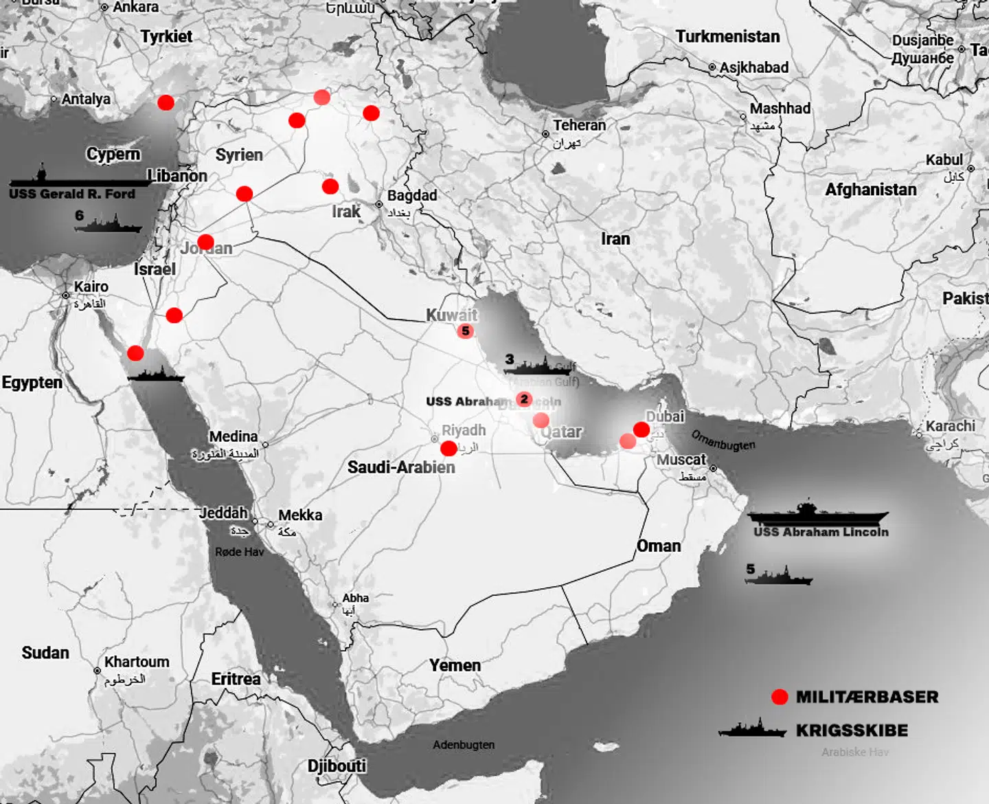 Amerikanske krigsskibe og baser nær Iran.