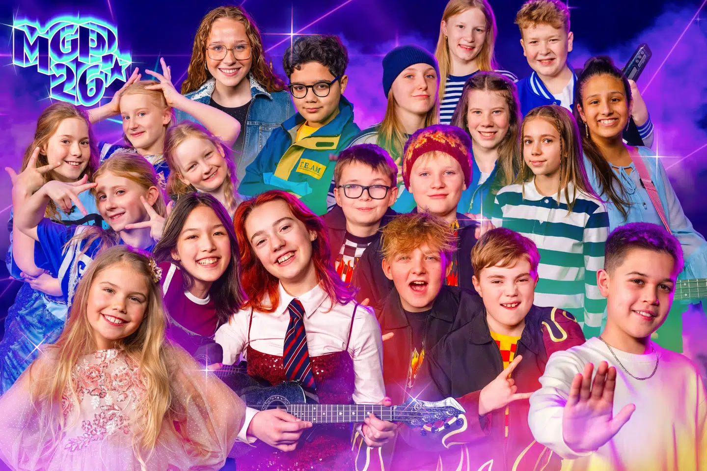 Deltagerne ved årets MGP. For at deltage skal man være i alderen 8 til 15 år på tidspunktet for konkurrencen. Deltagerne skal selv have skrevet sangen, som skal være på dansk. (PR-foto).