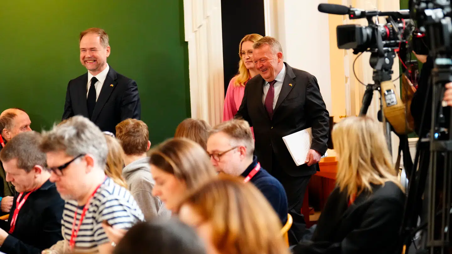 Finansminister Nicolai Wammen (S), udenrigsminister Lars Løkke Rasmussen (M) og økonomiminister Stephanie Lose (V) præsenterede regeringens 2035-plan på et pressemøde i Finansministeriet tirsdag 24. februar 2026.