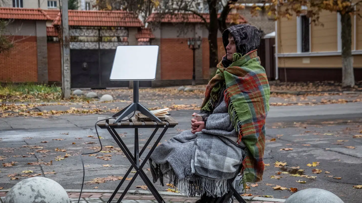 Her ses en ukrainer sidde med en modtager, der kommunikerer med Starlinks satellitter. På den måde kan man ukrainerne få internet uanset, hvor de befinder sig.