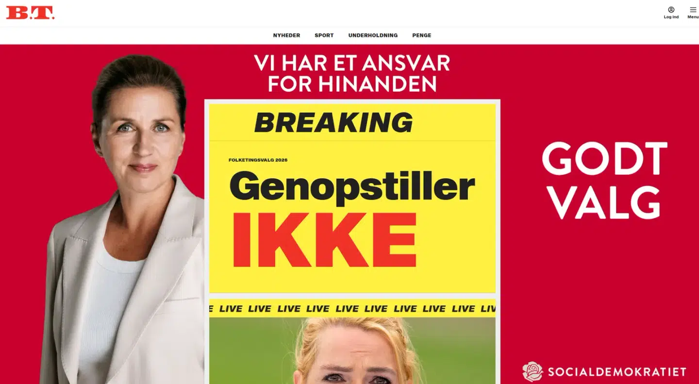 Du kan se Socialdemokratiets annonce på billedet her. Mette F. står i helt samme outfit som på billedet ovenfor.