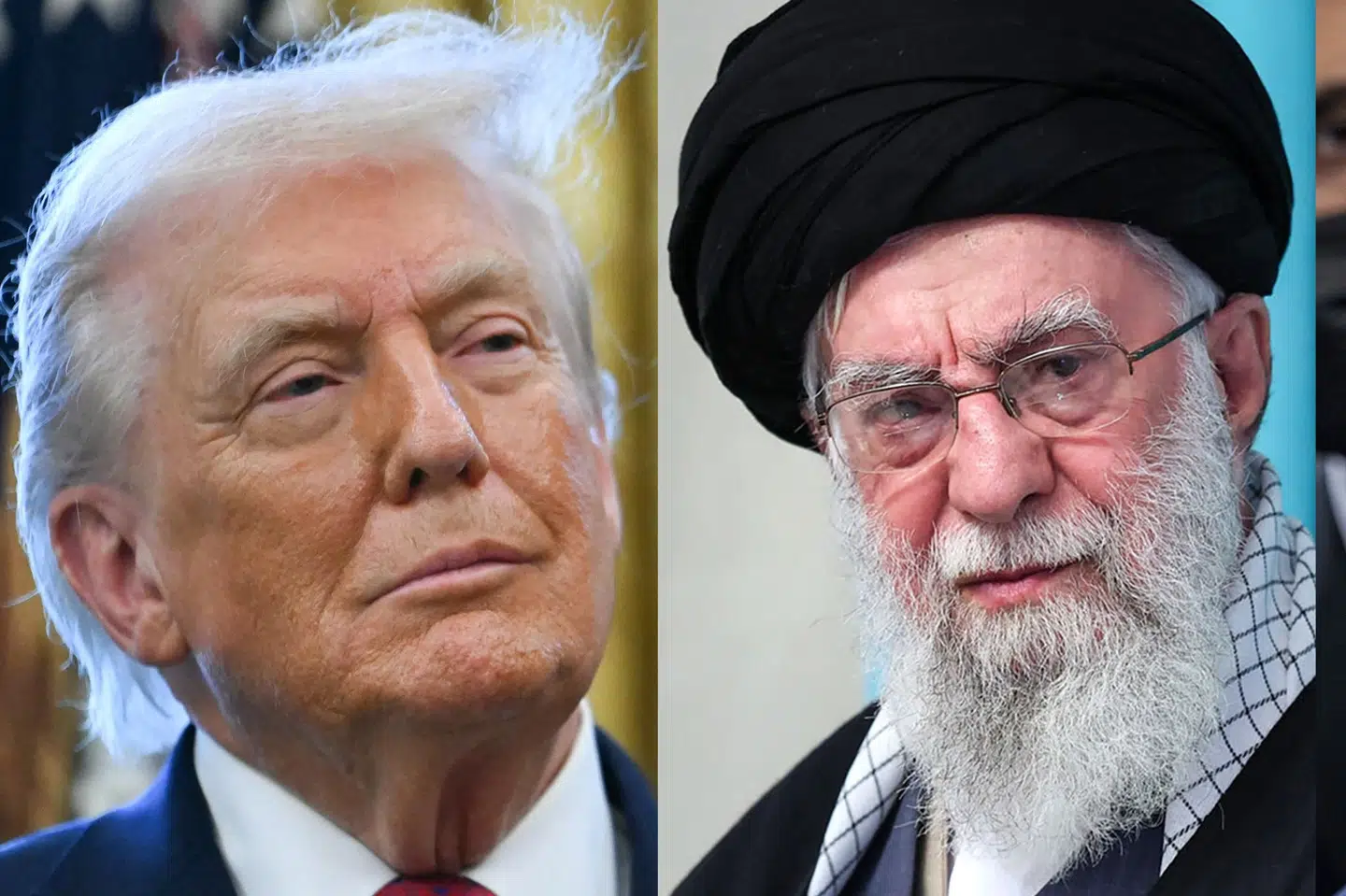 USA's præsident, Donald Trump (t.v.), bekræfter i et opslag på sit sociale medie, Truth Social, at Irans øverste leder, 86-årige ayatollah Ali Khamenei (i midten), er dræbt efter et omfattende amerikansk-israelsk angreb mod Iran, der blev indledt natten til lørdag. Tidligere lørdag aften havde Israels premierminister, Benjamin Netanyahu (t.h.), sagt, at der var "mange tegn på", at Khamenei var dræbt. (Arkivfoto)
