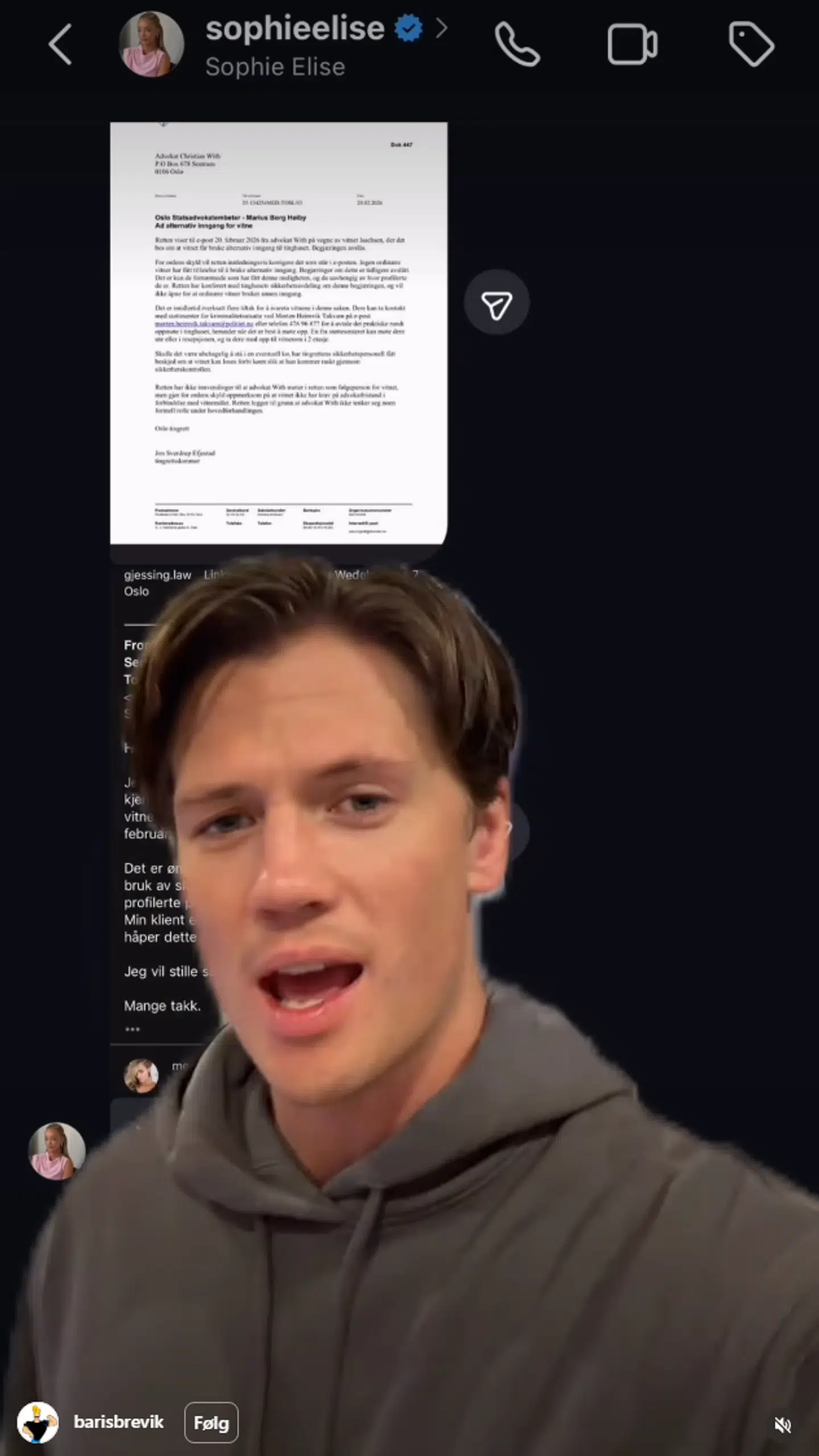 Den norske influencer Sebastian Brevik undskylder nu sine grundløse beskyldninger mod sine tre kvindelige kolleger i retssagen mod Marius Borg Høiby. Foto: Screendump / Instagram / barisbrevik