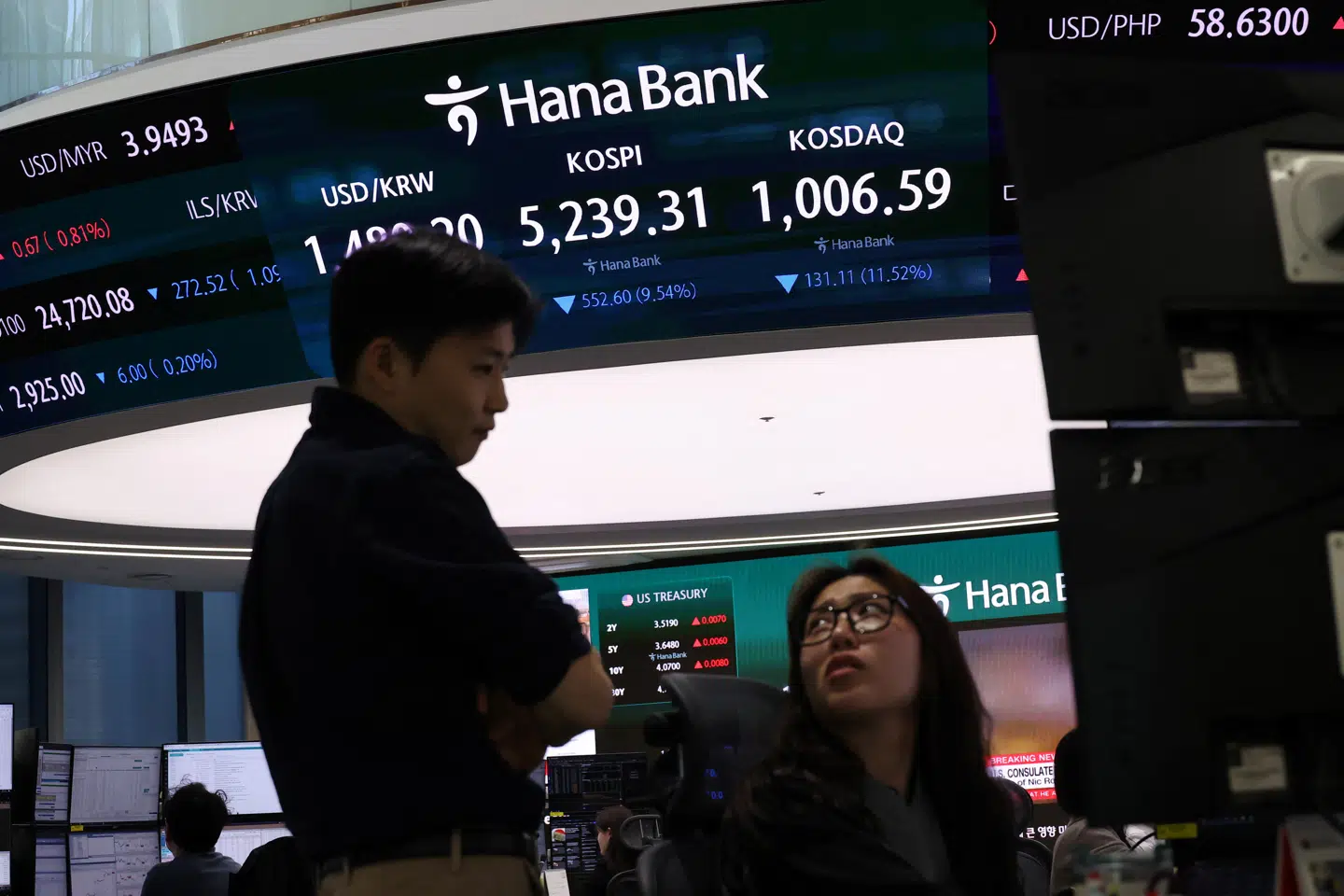 Currency dealers talk in front of an electronic board displaying the Korea Composite Stock Price Index (KOSPI), the exchange rate between the U.S. Dollar and South Korean Won and the Korea Securities Dealers Automated Quotations (KOSDAQ) at the dealing room of a bank in Seoul, South Korea, March 4, 2026. REUTERS/Kim Hong-JI