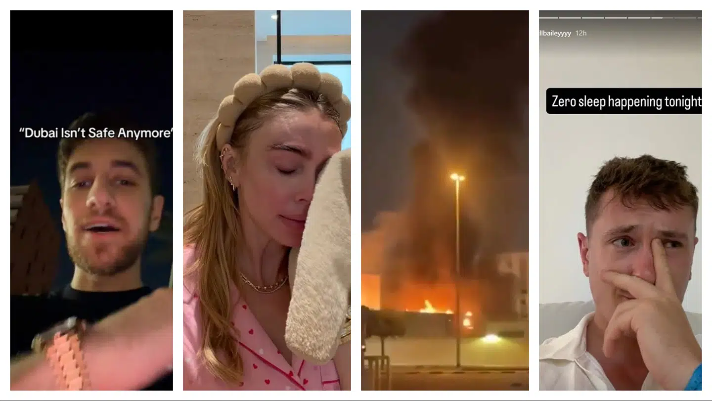 Influencere viser os normalt deres fede og skattefri liv i Dubai, men de har fået sig en geopolitisk lektion i de seneste dage. Fra venstre den amerikanske gulddreng Mike Babayan, der flekser sit »60.000 dollar-ur« midt under angrebet; den britiske socialite Petra Ecclestone, som er ked af det, fordi hun kom til Dubai for at finde »fred«; det brændende amerikanske konsulat i Dubai; og influenceren Will Bailey, der undrede sig over, at »det mest sikre sted i verden« i virkeligheden ikke var så sikkert, og at han ikke kunne sove.