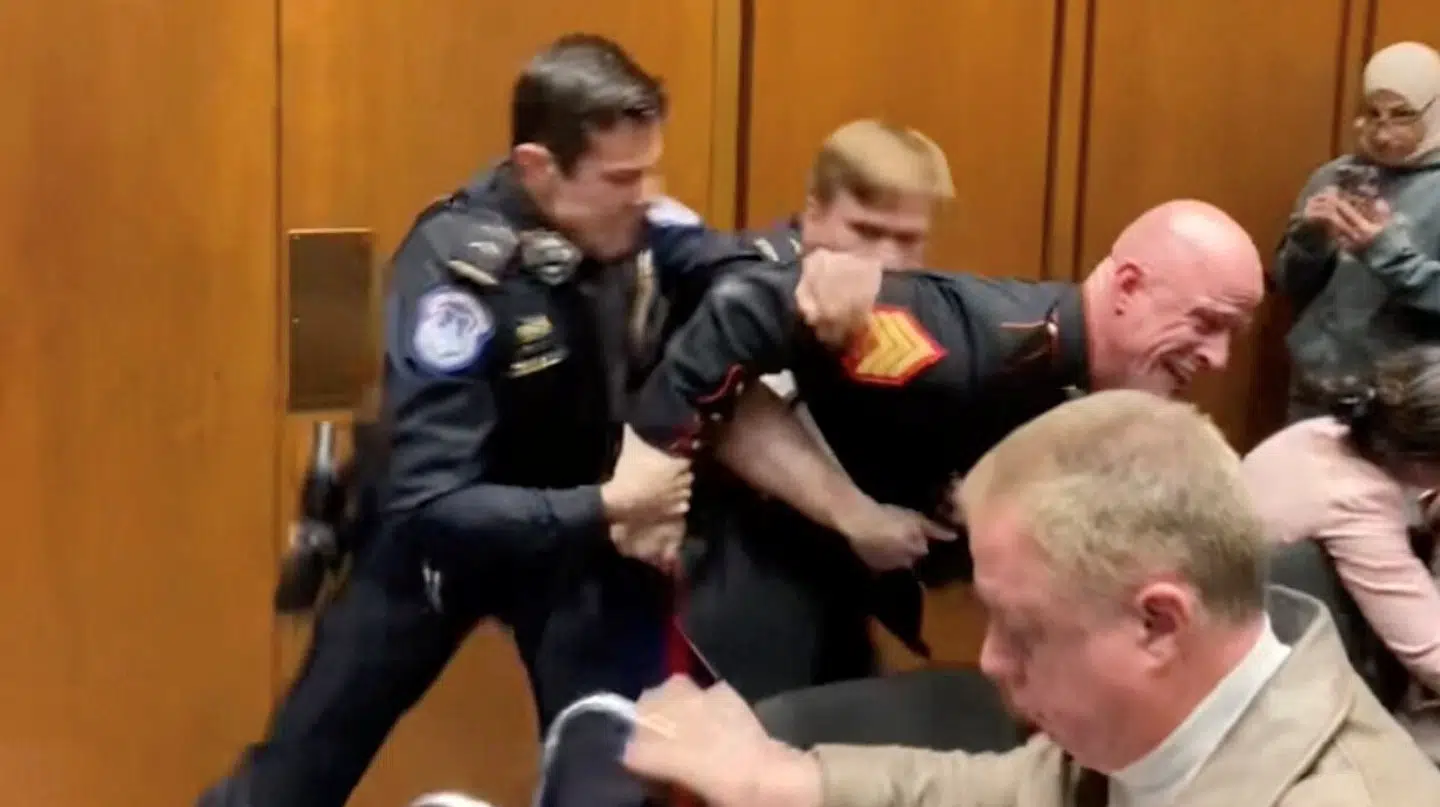 En demonstrant blev onsdag fjernet med magt under en høring i det amerikanske senat i Washington, D.C.