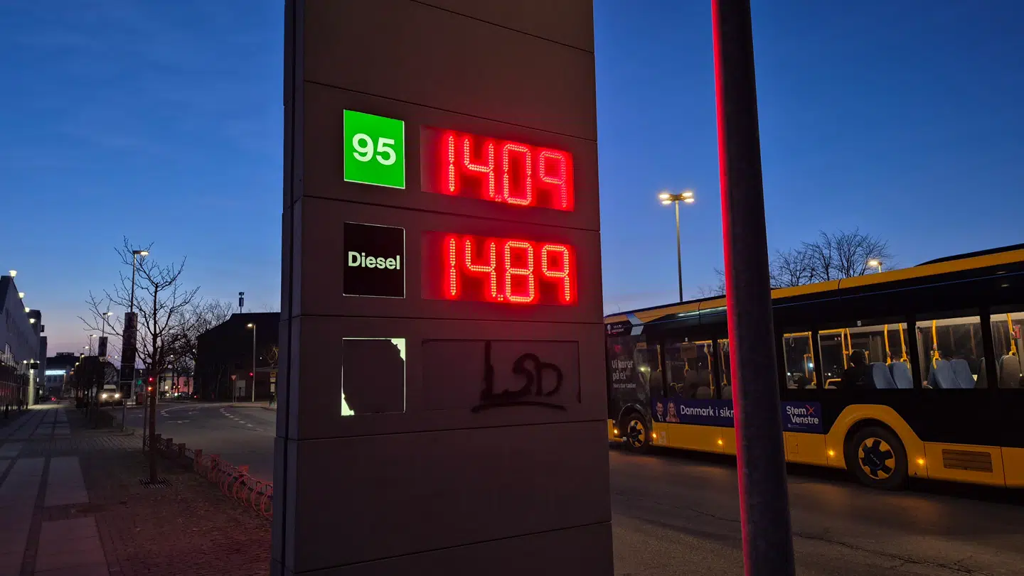 Torsdag morgen kostede en liter benzin 14,09 kroner på en ubemandet tankstation, mens dieselprisen er helt oppe på 14,89 kroner.