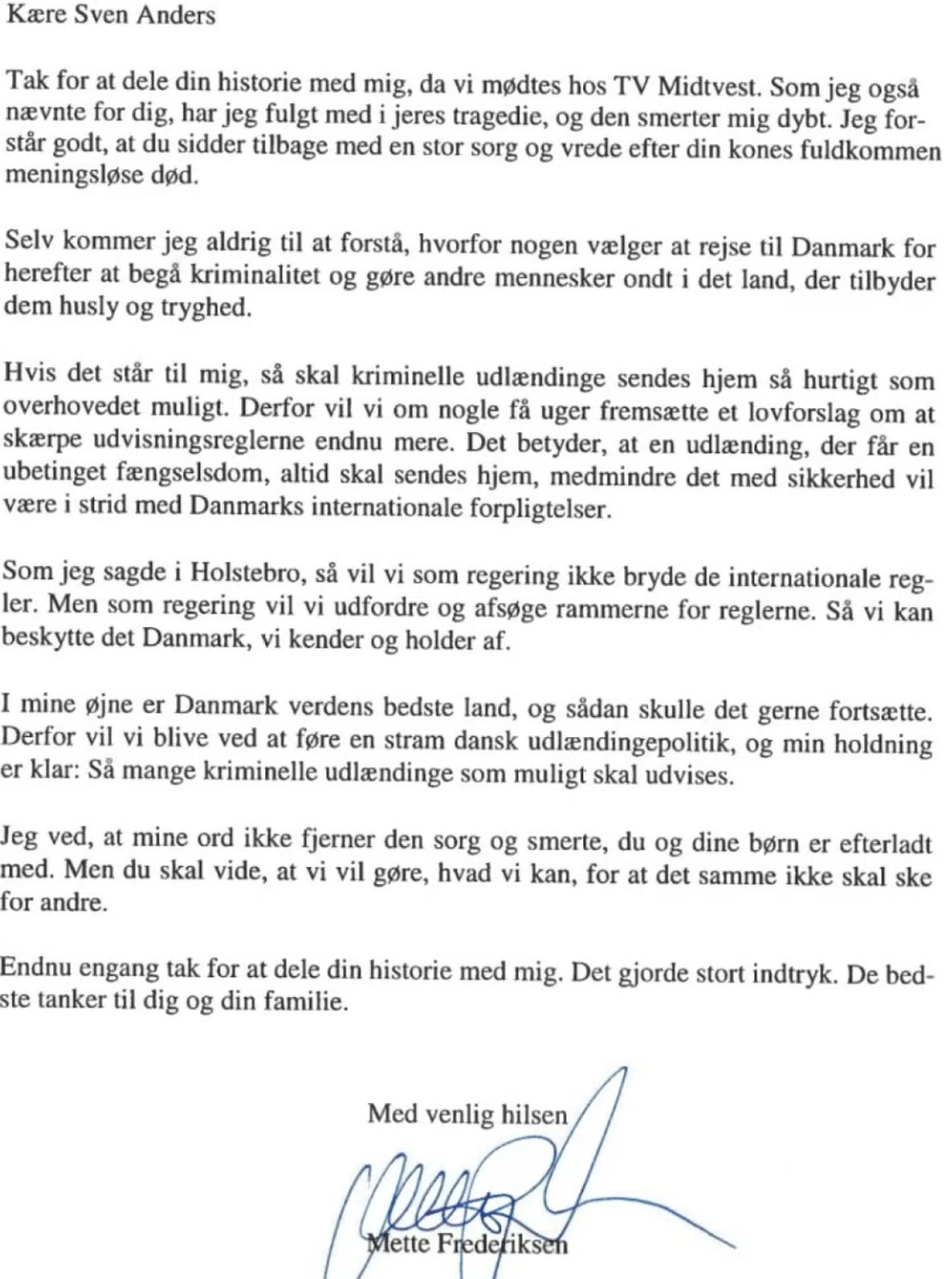 Her ses det brev, som Mette Frederiksen sendte til Sven-Oliver Anders efter at have talt med ham til et debatmøde arrangeret af TV Midtvest i 2025.