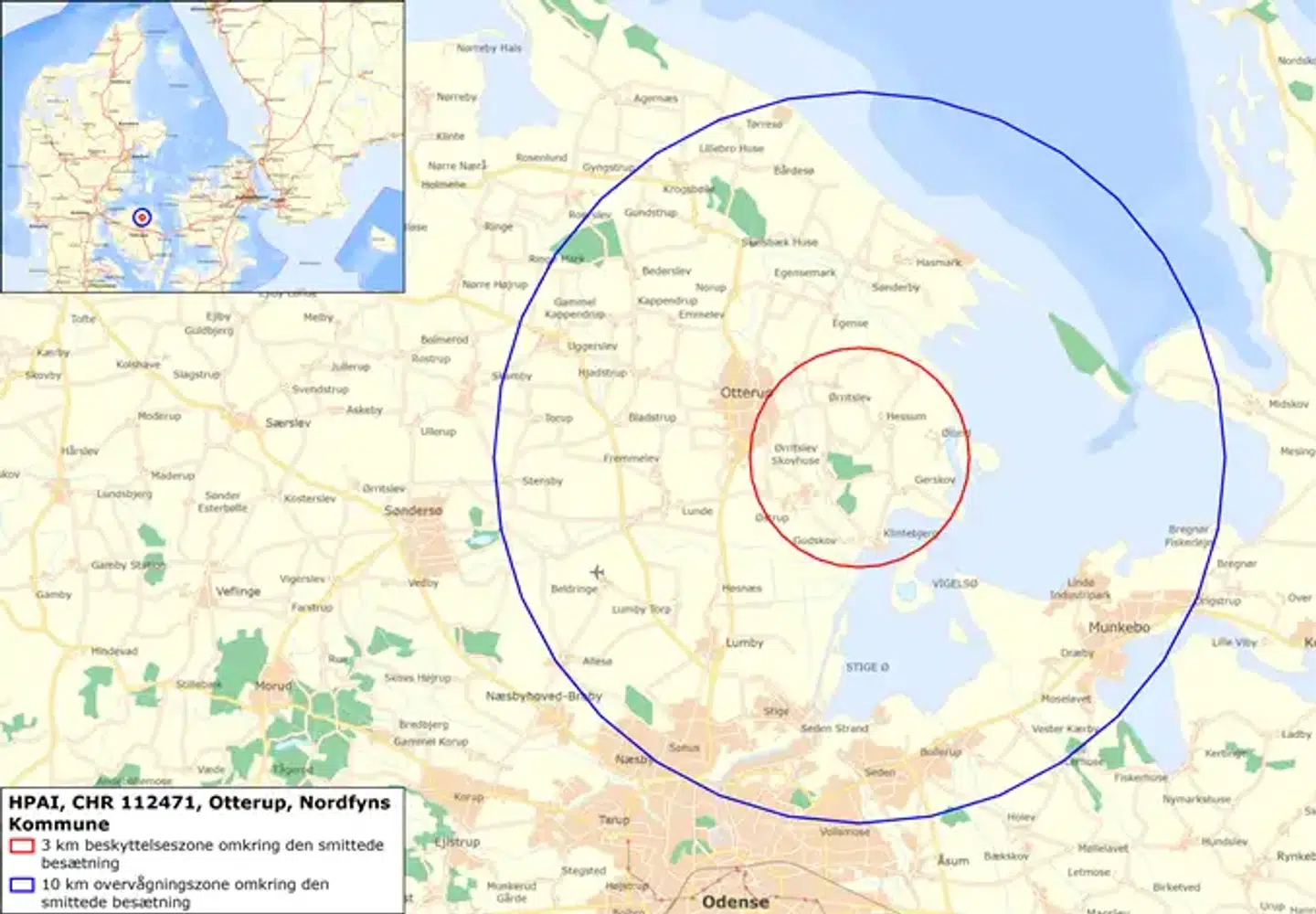 Øst for Otterup har Styrelsen for Fødevarer, Landbrug og Fiskeri oprettet beskyttelses- og overvågningszoner.