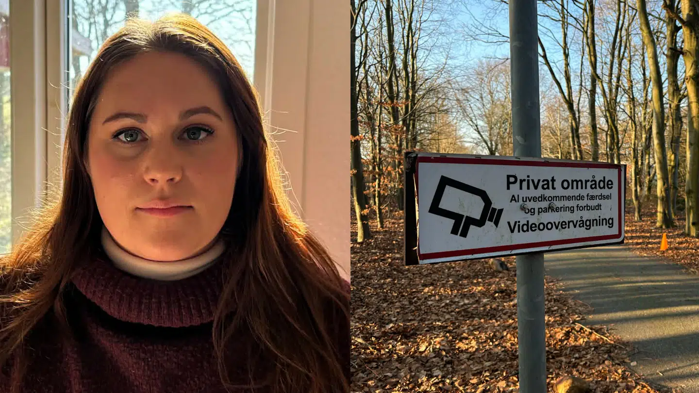 Til venstre Chelsea Jensen - til højre det skilt, som man bliver mødt af, når man går ind i villakvarteret.