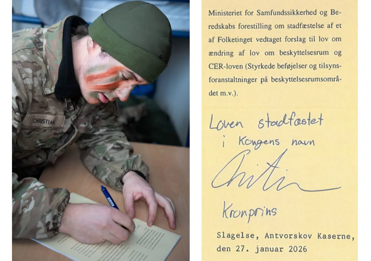 Kronprins Christian underskrev – i fuld krigsmaling hjemme på kasernen – et lovforslag, som B.T. nu kan løfte sløret for. Fotos: Kongehuset & B.T.s aktindsigt / Ministeriet for Samfundssikkerhed og Beredskab