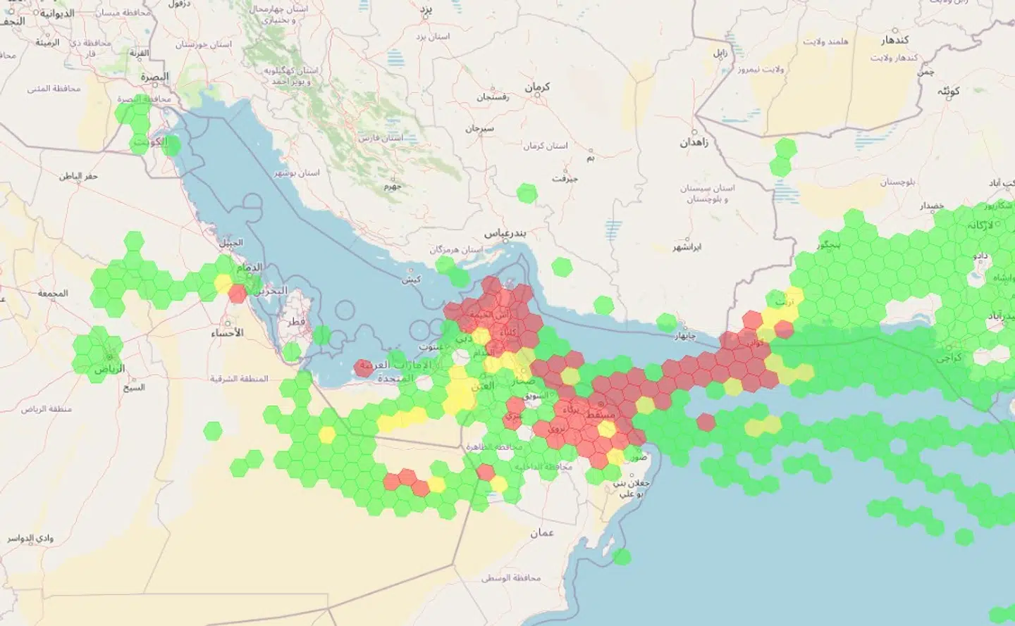Her kan man se den store mængde GPS-jamming, som fandt sted i Hormuzstrædet 8. marts, hvor Rozana bevægede sig igennem uden at blive tracket på Vesselfinder.