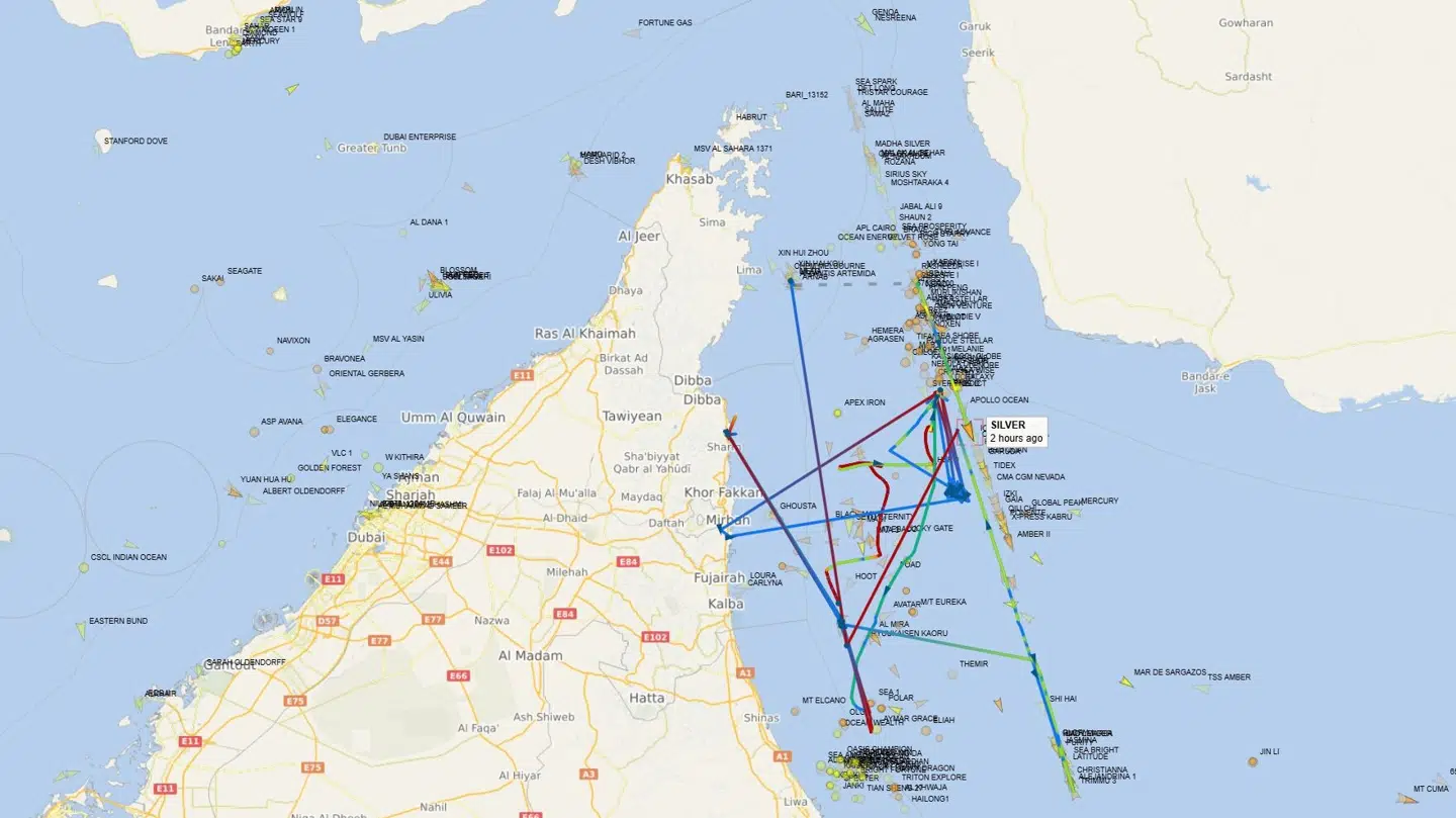 Tankskibet Silvers kurs nær Hormuzstrædet ligner en række andre fragtskibe og olietankeres de seneste uger.