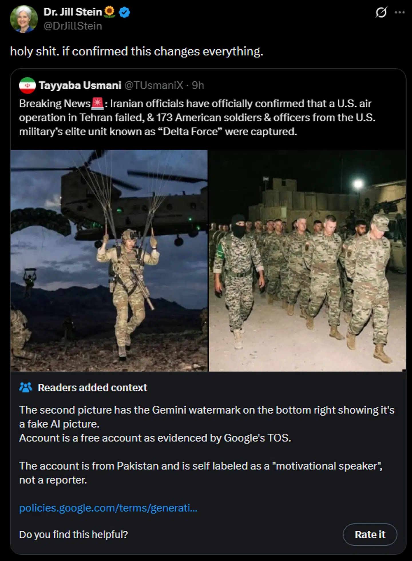 Sådan så opslaget fra Jill Stein ud, inden det oprindelige tweet, som hun delte, blev slettet. Stein har endnu ikke slettet sig eget tweet.