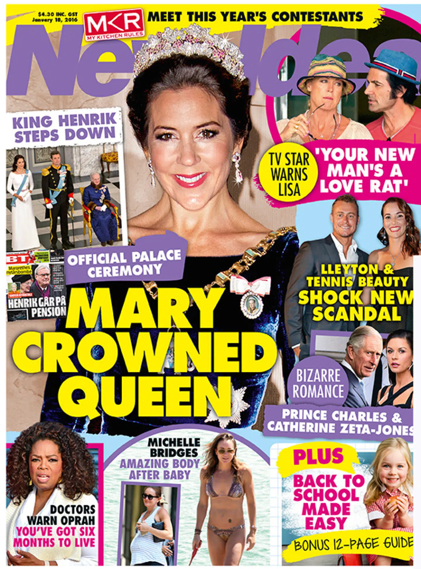 Eksempel på en af mange forsider fra australske New Idea, hvor anonyme kilder kan afsløre, at kronprinsesse Mary er blevet dronning.