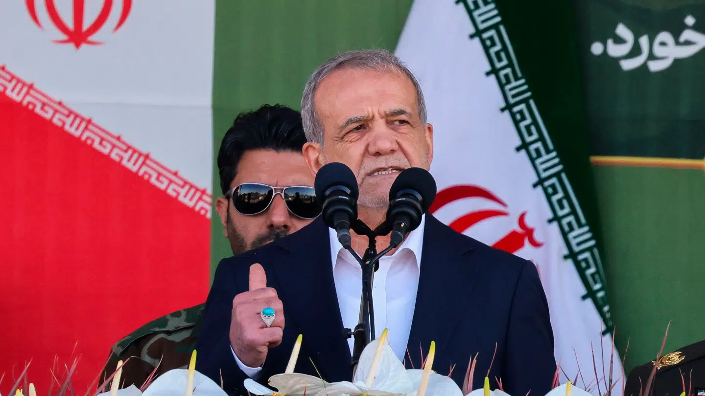 Iran's President Masoud Pezeshkian speaks during a ceremony marking the country's annual Army Day in Tehran on April 18, 2025. (Photo by Atta KENARE / AFP)