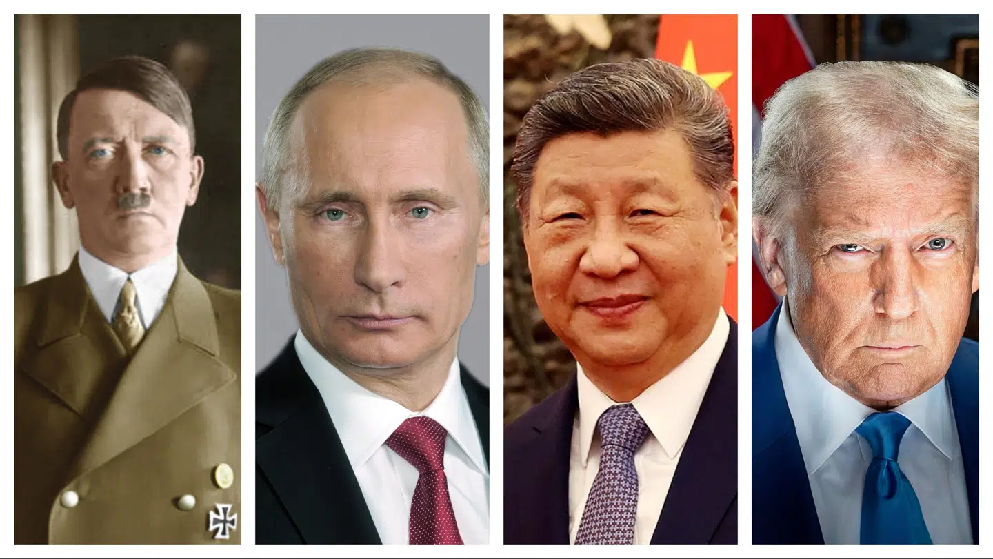 Anden Verdenskrig begyndte ikke med Hitlers invasion af Polen i 1939; den begyndte med krige op gennem 1930erne, og på samme måde er vi nu i forstadierne til en ny verdenskrig, lyder teori. Hitler (til venstre) lærte fatale lektioner i 1930erne, og Putin, Xi Jinping og Trump gør det samme i dag.