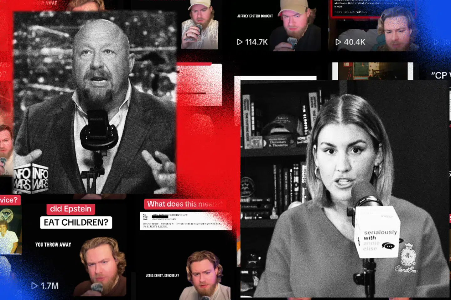 Alex Jones (øverst til venstre), Colin Browen og Annie Elise har serveret Epstein-relaterede konspirationsteorier til deres publikum online.